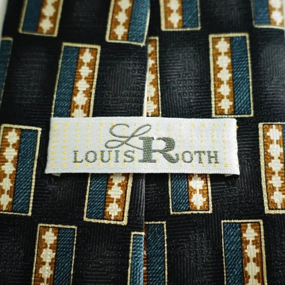 Louis Roth Black Blue Tan Abstract Geometric ‎ Jacquard Print Wide Silk Tie